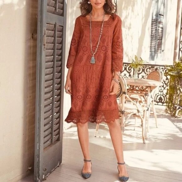 Sundance Ellison Burnt Orange Embroidered Eyelet Shift Dress Sz Small - Picture 1 of 7
